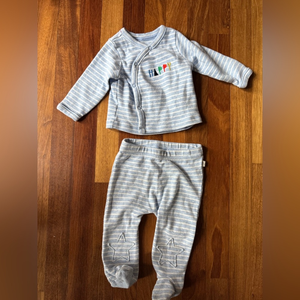 Striped Baby Outfit with Happy & Stars Embroidery - gender neutral